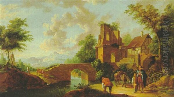 Gebirgige Fluslandschaft Mit Steinerner Brucke, Turmruine Und Figuren Oil Painting by Johann Conrad Seekatz