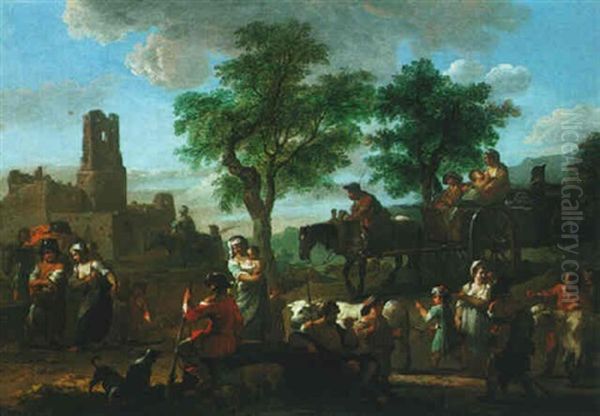 A Rustic Landscape With Peasants And A Horse And Cart, With Ruins Beyond Oil Painting by Johann Conrad Seekatz