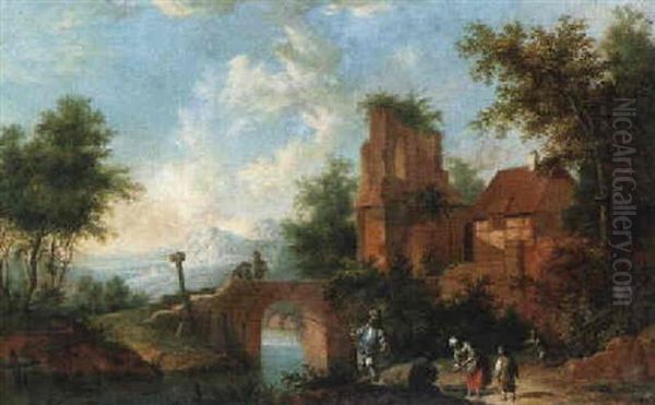 A River Landscape With Children Catching Fish Before A Bridge And Ruined Buildings Oil Painting by Johann Conrad Seekatz