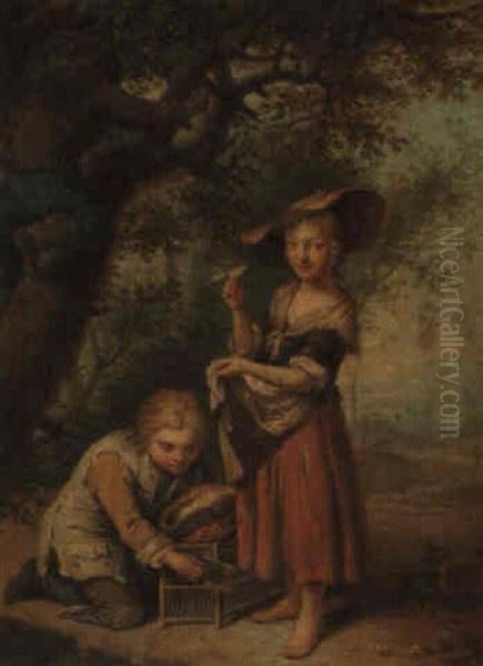 Two Children In A Landscape With Their Pet Bird Oil Painting by Johann Conrad Seekatz