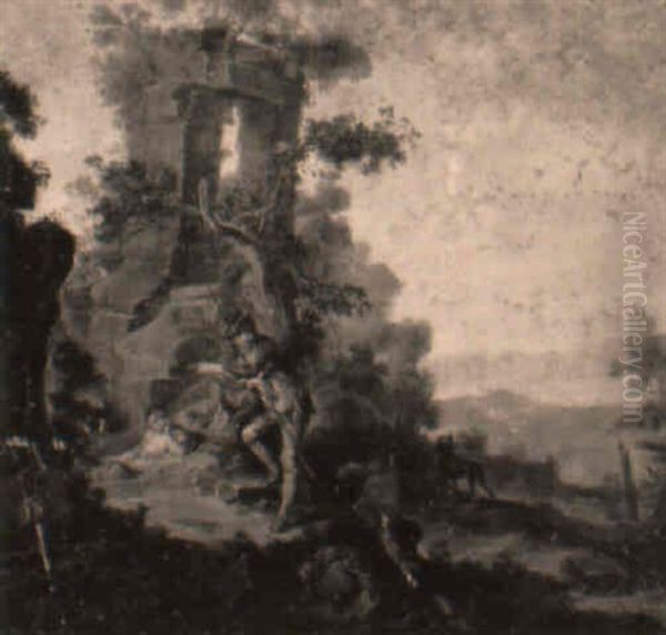 Hirten An Einer Ruine In Landschaft Oil Painting by Johann Conrad Seekatz