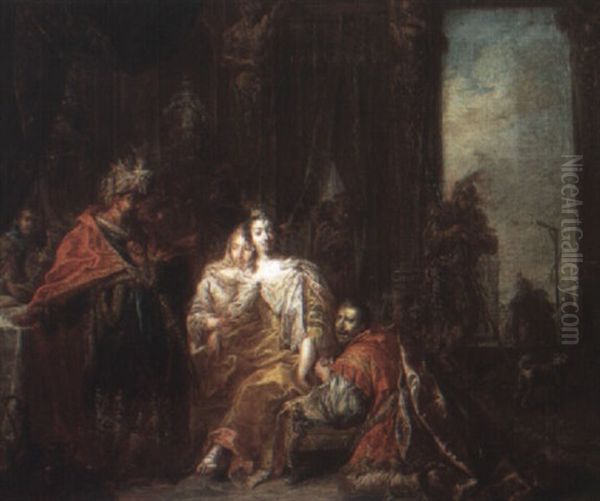 Haman Pleading Before Ahasuerus And Esther Oil Painting by Johann Conrad Seekatz