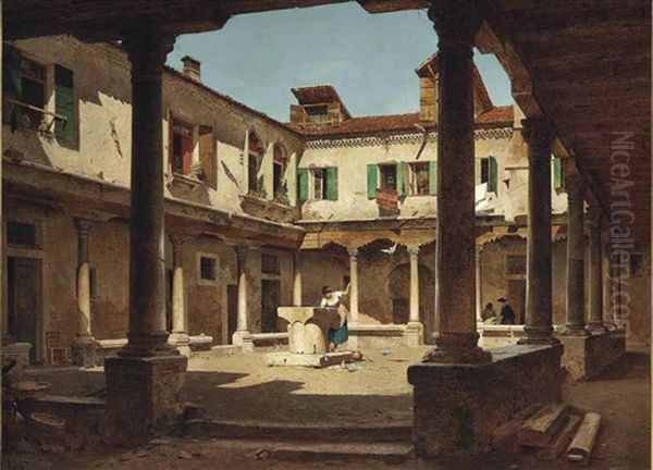 At A Well In A Sunlit Courtyard Oil Painting by Adolf Seel