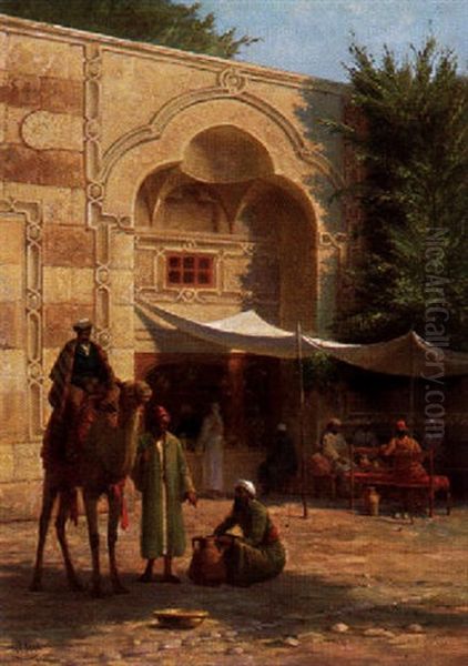 Orientalische Raststatte Mit Mannern Unter Sonnensegeln Beim Umtrunk, Kamelreiter Und Wassertrager Links Oil Painting by Adolf Seel