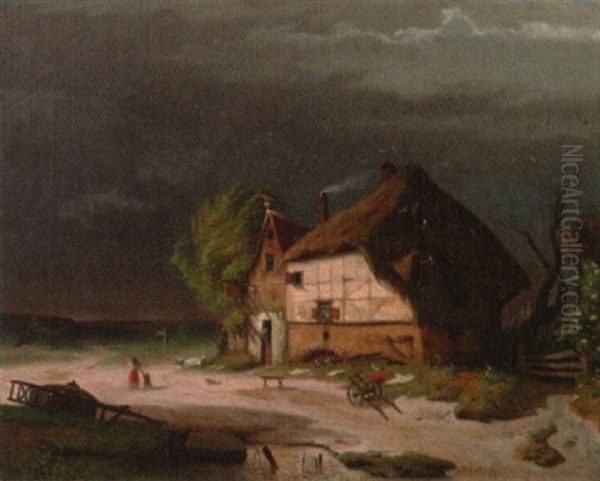 Reetgedecktes Gehoft Im Sturm Oil Painting by Johann Richard Seel