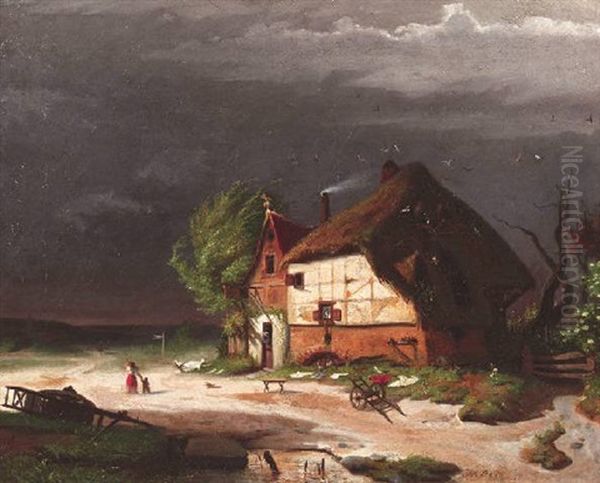 Aufziehendes Gewitter Uber Einem Hollandischen Gasthaus Oil Painting by Johann Richard Seel