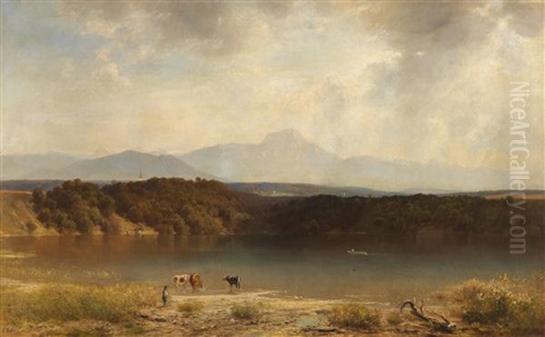 Alpine Foothills With Cows By The Water Oil Painting by Alexander-Caesar Seele