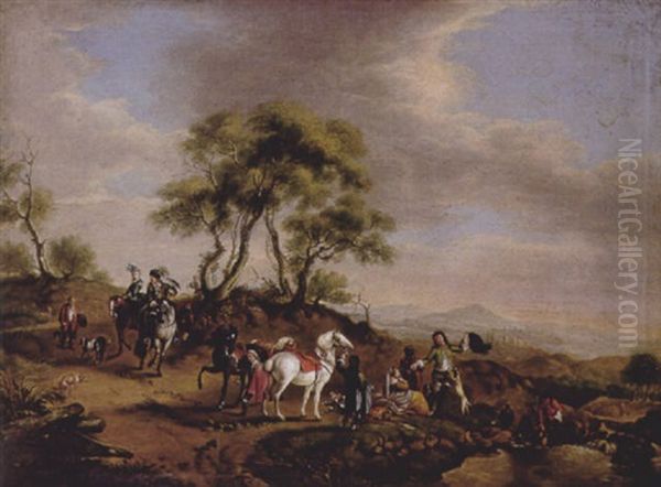 Rastende Jagdgesellschaft An Einem Kleinen Teich Oil Painting by Johann Baptist Seele