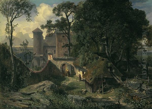 Sudtiroler Landschaft Mit Schloss, Kate Und Blick Auf Den Langkofel Oil Painting by Gottfried Seelos