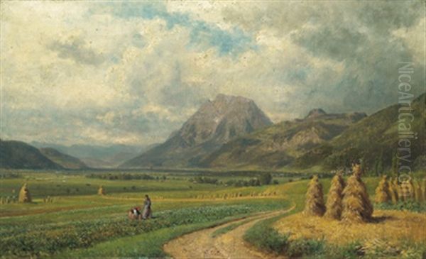 Zwei Frauen Am Feld Vor Weiter Landschaft Oil Painting by Gustav Seelos