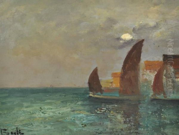 Harbour Scene By Moonlight And Sailing Boats Off The Coast Oil Painting by George Boyle