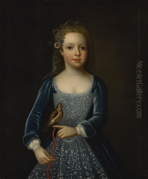 Portrait Of A Young Girl, Three-quarter Length, Holding Songbird In Her Left Hand Oil Painting by Enoch Seeman