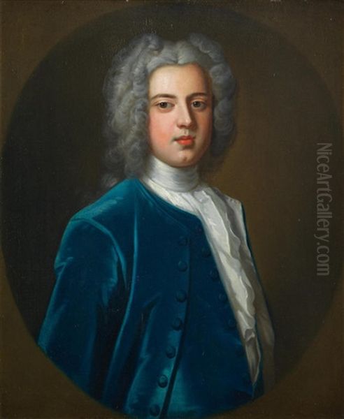 Portrait Of William Clavering-cowper, 2nd Earl Of Cowper, Bust-length, In A Blue Coat, Within A Painted Oval In A Chippendale Style Frame Oil Painting by Enoch Seeman