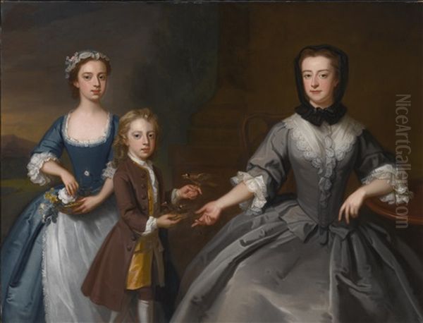 Portrait Of Mrs. Finch With Her Son And Daughter Oil Painting by Enoch Seeman