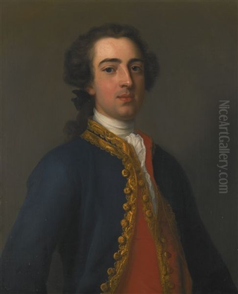 Portrait Of A Gentleman, Half-length, In A Blue Coat And Red Waistcoat With Gold Brocade Oil Painting by Enoch Seeman