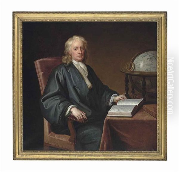 Portrait Of Sir Isaac Newton, Kt. (1642-1727), Three-quarter-length, In A White Cravat And Green Cloak, Seated At A Table With A Copy Of<br/>the Principia<br/>and An Astrological Globe Oil Painting by Enoch Seeman