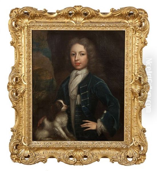 A Young Boy Wearing A Blue Coat And White Jabot, With A King Charles Spaniel And Its Companion Oil Painting by Enoch Seeman