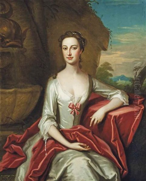 Portrait Of Anne Columbine (c.1711-1771), Three-quarter-length, In A White Silk Dress, Leaning On A Draped Stone Ledge In A Garden Oil Painting by Enoch Seeman