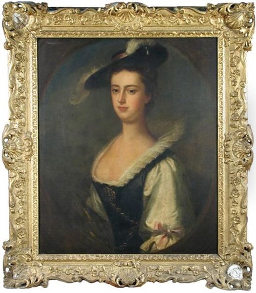 Portrait Of A Lady In A Feathered Hat, Pearls In Her Hair And A Blue And White Dress And Gem-set Stomacher Oil Painting by Enoch Seeman