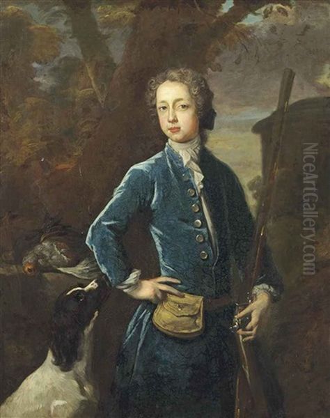 Portrait Of A Young Gentleman, Three-quarter-length, In A Blue Coat, With A Rifle Resting On His Left Arm And A Spaniel By His Side, In A Landscape Oil Painting by Enoch Seeman