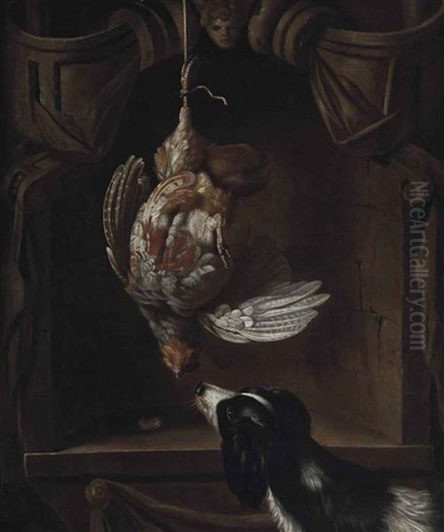 A Partridge In A Sculpted Cartouche, With A Spaniel Oil Painting by Enoch Seeman