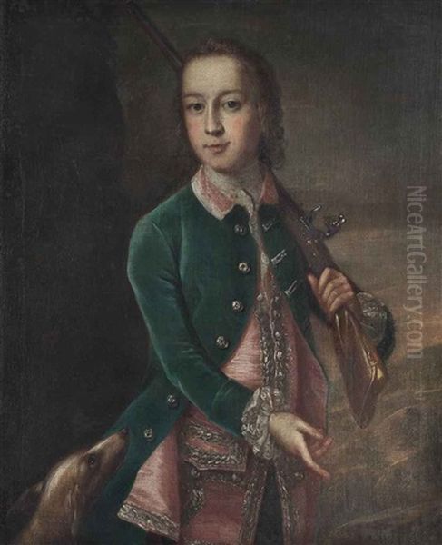 Portrait Of A Boy In A Green Velvet Coat, Three-quarter-length, Holding A Gun, A Dog To His Side, In A Landscape Oil Painting by Enoch Seeman