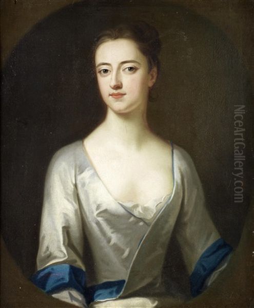 Portrait Of A Lady, Said To Be Lady Sarah Cowper, Bust-length, In A White Silk Dress And A Blue Wrap Oil Painting by Enoch Seeman