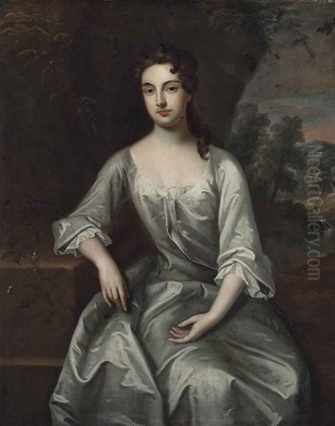 Portrait Of A Lady, Traditionally Identified As Lady Margaret Hastings, Three-quarter-length, In A Lace-trimmed Oyster Satin Dress, Seated In A Landscape Oil Painting by Enoch Seeman