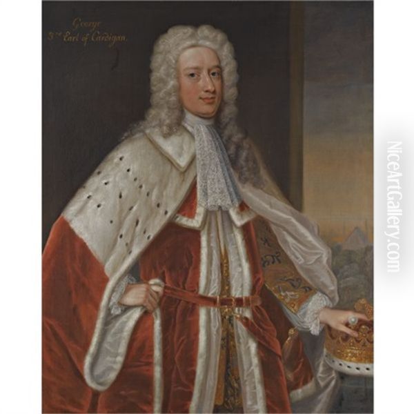 Portrait Of George, 3rd Earl Of Cardigan Wearing Peers's Robes, His Left Hand Resting On His Coronet, A Pyramid Beyond Oil Painting by Enoch Seeman