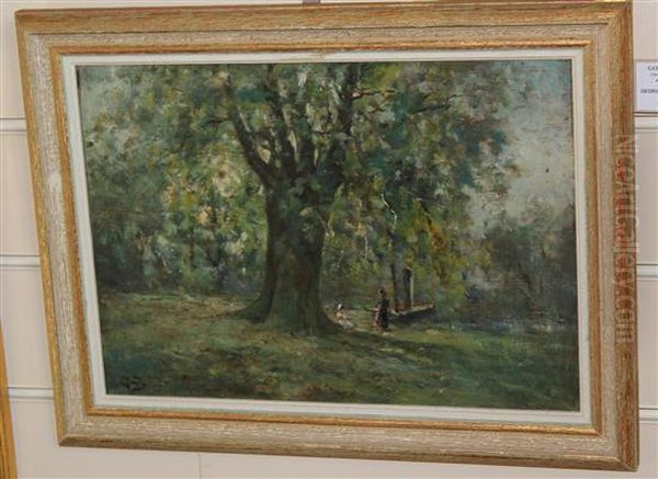 Figures Beneath Trees On A River Bank Oil Painting by George Boyle