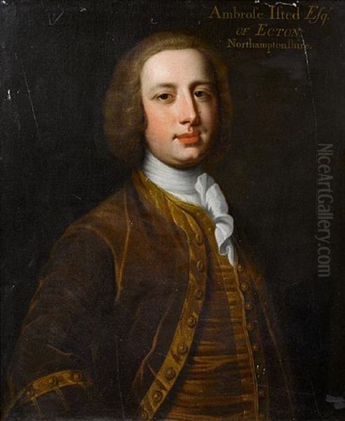 Portrait Of Ambrose Isted Of Ecton In A Brown Coat With A Black Tricorn Hat Under His Arm Oil Painting by Enoch Seeman