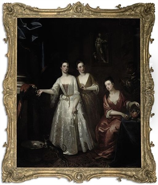 Portrait Of Three Ladies Attended By Their Servant, One Sister Feeding A Parrot, In An Interior Oil Painting by Enoch Seeman