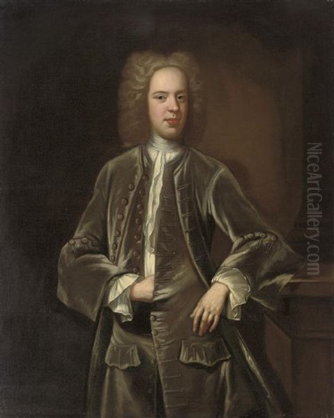 Portrait Of Mr Barton, Son Of Dr. Samuel Barton, In A Grey Velvet Suit Oil Painting by Enoch Seeman