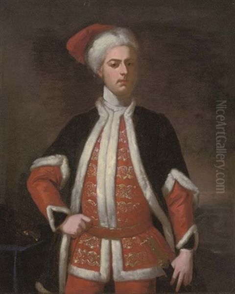 Portrait Of A Gentleman In A Red Suit Embroidered With Gold, And A Blue Mantle, Both Trimmed With White Fur, And A Red Hat With White Fur Trim by Enoch Seeman