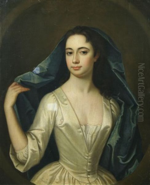 A Lady In White Holding A Blue Veil Oil Painting by Enoch Seeman