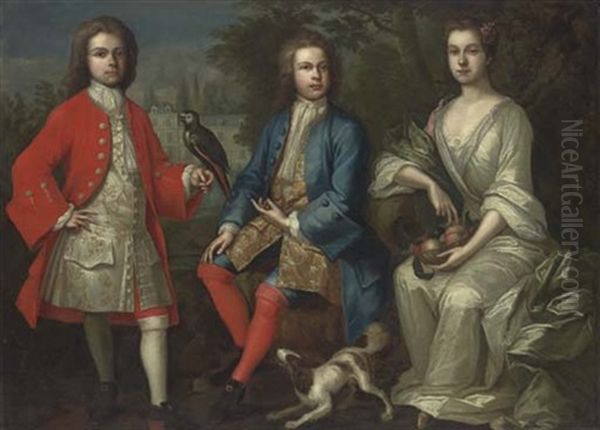 Portrait Of A Gentleman In A Red Coat With A Parrot, A Gentleman Beside In A Blue Coat, A Dog At His Feet And A Lady In A White Silk Dress Seated Oil Painting by Enoch Seeman