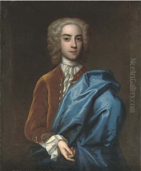 Portrait Of A Gentleman, Half-length, In A Brown Velvet Coat With A Blue Cloak Oil Painting by Enoch Seeman