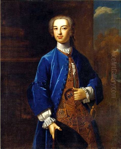 Portrait Of Dudley North In A Blue Velvet Coat And A Gold Embroidered Waistcoat, Holding A Tricorn, A Landscape Beyond Oil Painting by Enoch Seeman