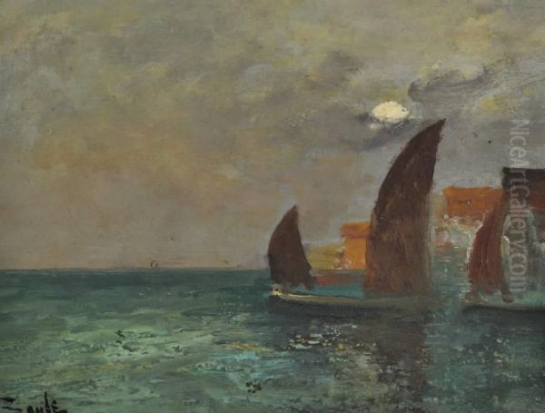 Harbour Scene By Moonlight And Sailing Boats Off The Coast Oil Painting by George A. Boyle