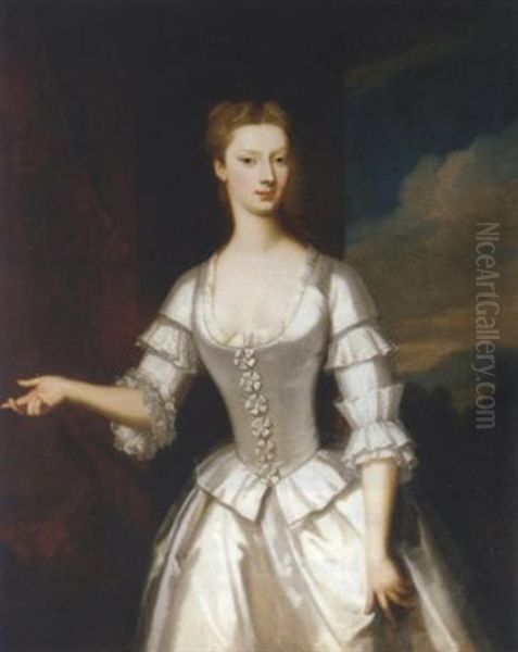 Portrait Of A Lady (miss Sophia Edgecomb?) In A Grey Satin Dress Oil Painting by Enoch Seeman