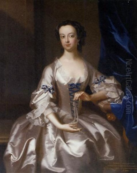 Portrait Of Mary Rand, Seated, In An Oyster-satin Dress With Blue Ribbons, Holding A String Of Pearls, In An Interior By A Blue Velvet Curtain Oil Painting by Enoch Seeman