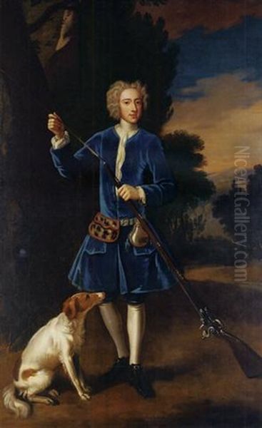 Portrait Of A Gentleman In A Blue Velvet Coat, Loading His Gun, A Spaniel At His Side, In A Landscape Oil Painting by Enoch Seeman