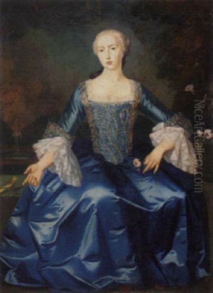 Portrait Of A Lady In A Blue Dress With Silver Embroidery, Holding A Rose, Pointing To A Bird, In A Formal Garden Oil Painting by Enoch Seeman