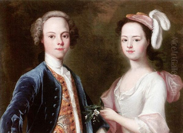 Portrait Of A Brother And Sister, He Wearing A Blue Coat And Gold Waitcoat, She Wearing A White Dress And Pink Hat Oil Painting by Enoch Seeman