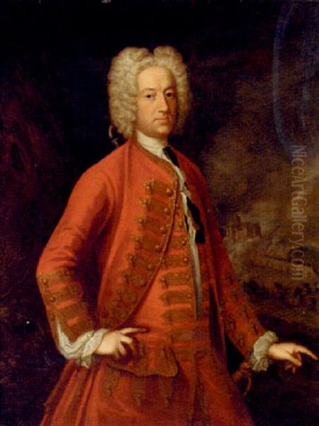 Portrait Of A Man (charles Jervas?), Three-quarter-length, In A Red Jacket, A Battle Beyond Oil Painting by Enoch Seeman