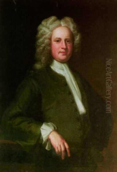 Portrait Of Richard Bennett Coffin Wearing A Green Coat, His Arm Resting On A Plinth Oil Painting by Enoch Seeman