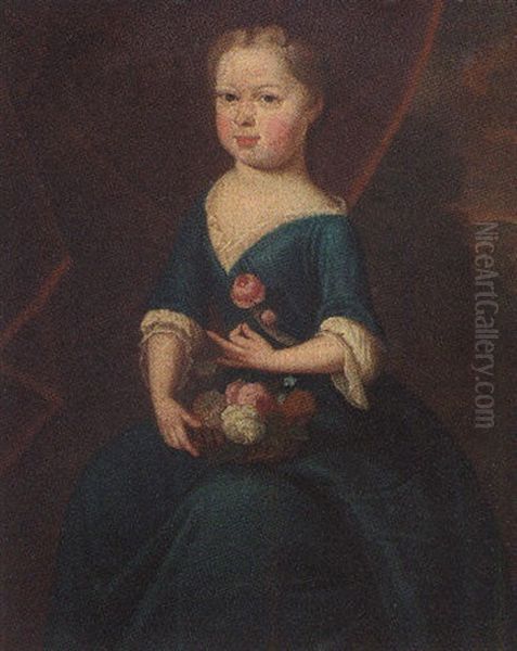 Portrait  Of A Young Girl In A Blue Dress, Holding A Basket Of Flowers, A Landscape Beyond Oil Painting by Enoch Seeman