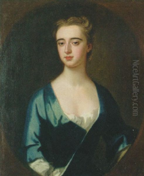 Portrait Of A Lady, (lady Anne Egerton, Duchess Of Bedford?) In A Blue Dress Oil Painting by Enoch Seeman