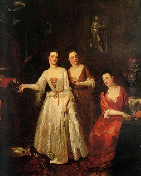 Portrait Of Three Ladies Of The Bissett Family With Blackamoor Servant And Their Parrot And Dog Oil Painting by Enoch Seeman