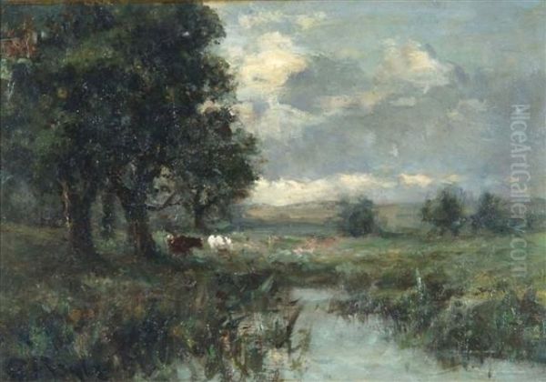 Sheep In A Pastoral Landscape Oil Painting by George A. Boyle